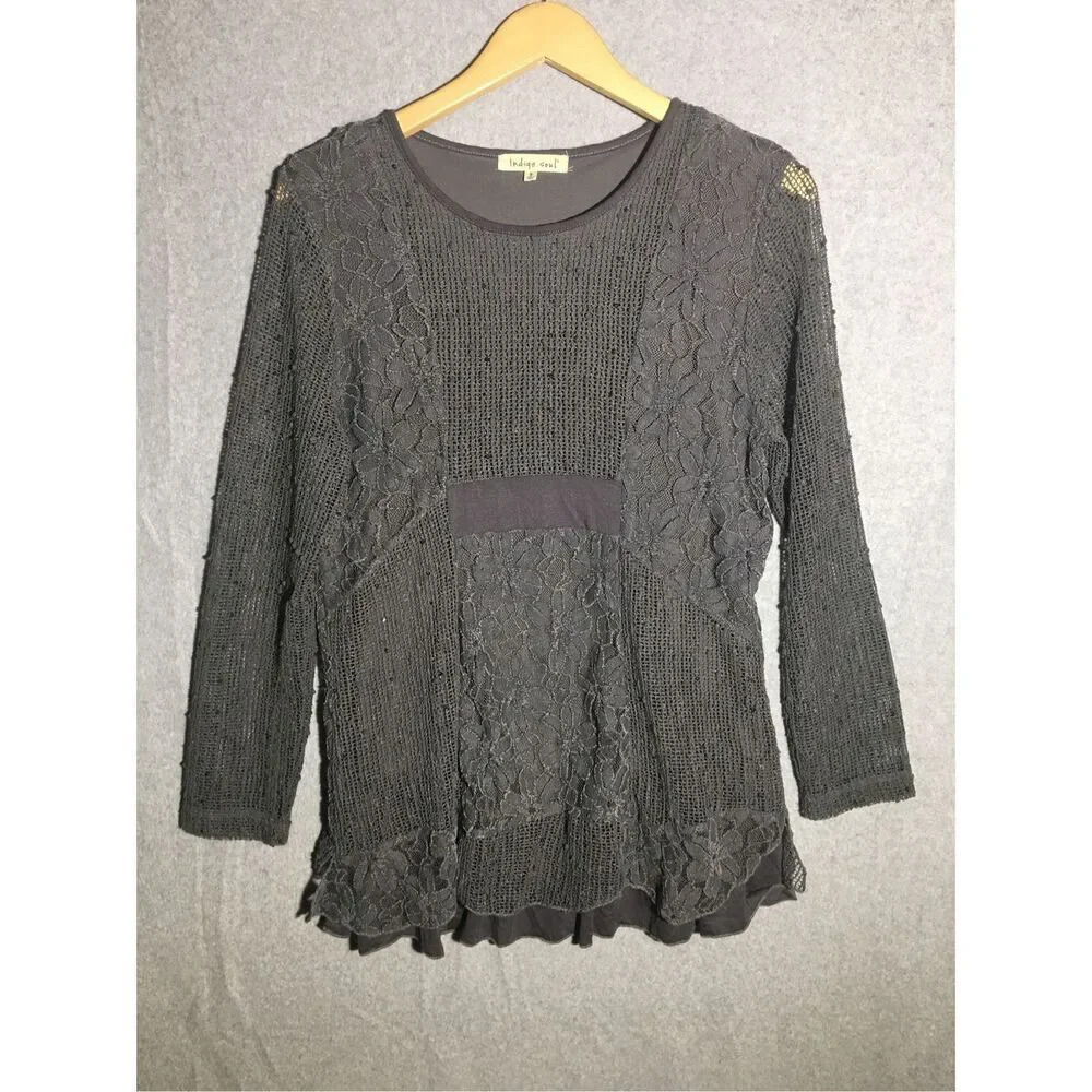 Womens Indigo Soul Blouse Layered Crochet Mixed Texture Festival Hippie Lace